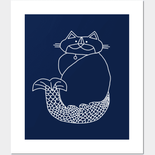 Kevin MerCat the Cat Mermaid White Line Drawing Posters and Art